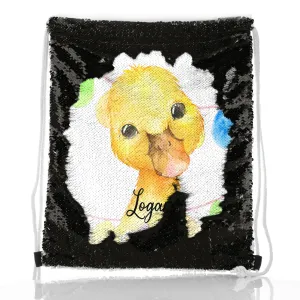 Personalised Sequin Drawstring Backpack with Yellow Duck Multicolour Buntin and Cute Text