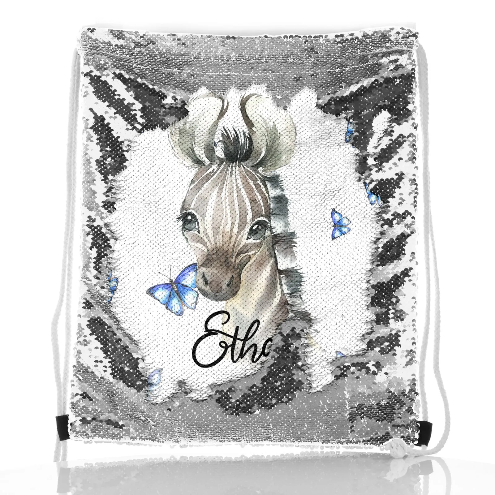Personalised Sequin Drawstring Backpack with Zebra Blue Butterfly and Cute Text