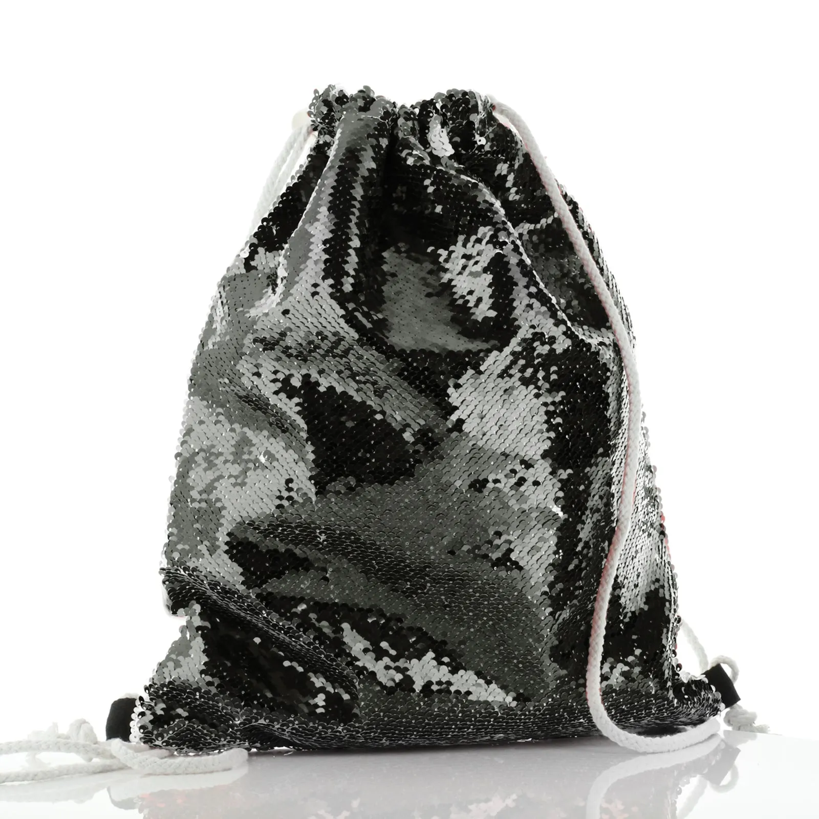 Personalised Sequin Drawstring Backpack with Zebra Blue Butterfly and Cute Text
