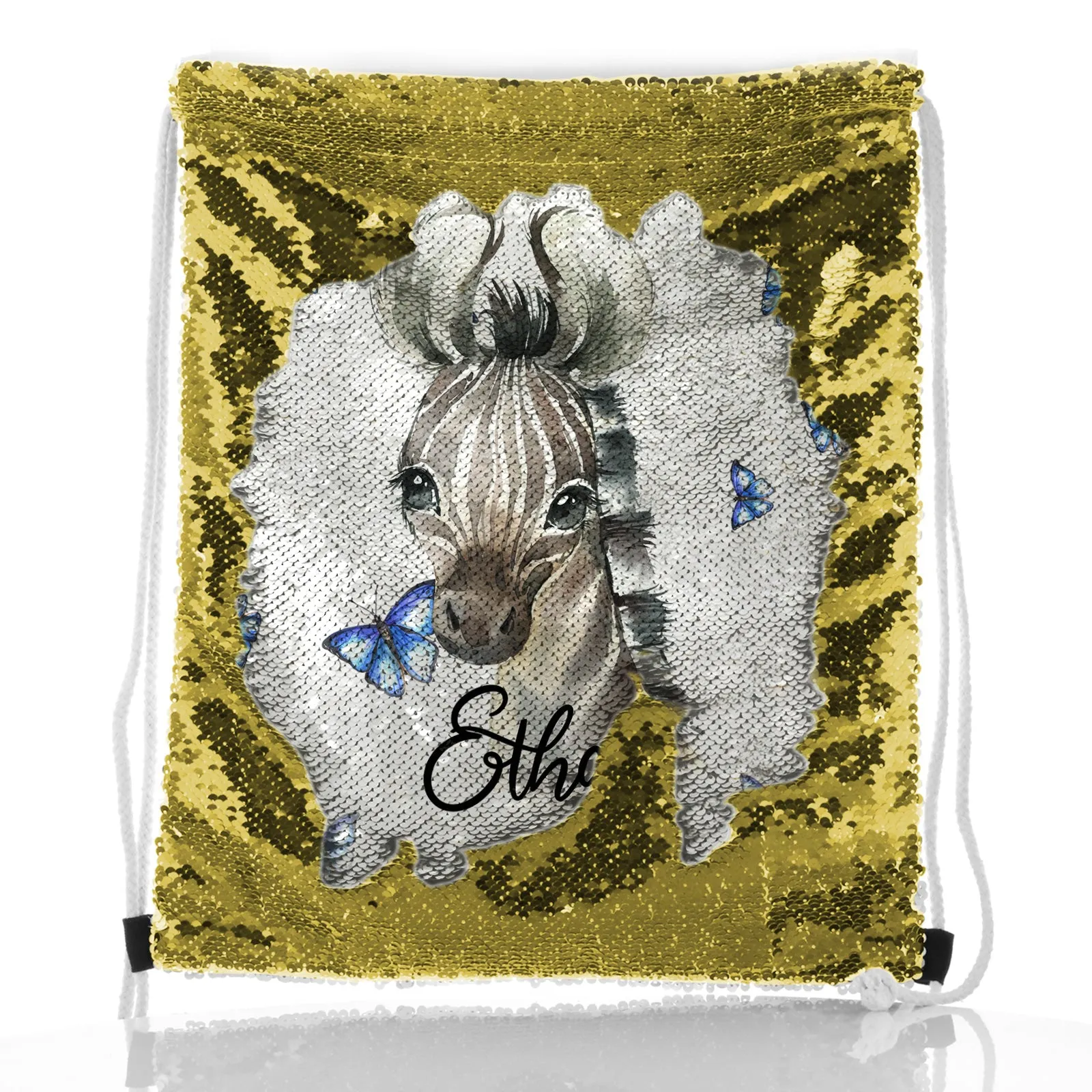 Personalised Sequin Drawstring Backpack with Zebra Blue Butterfly and Cute Text