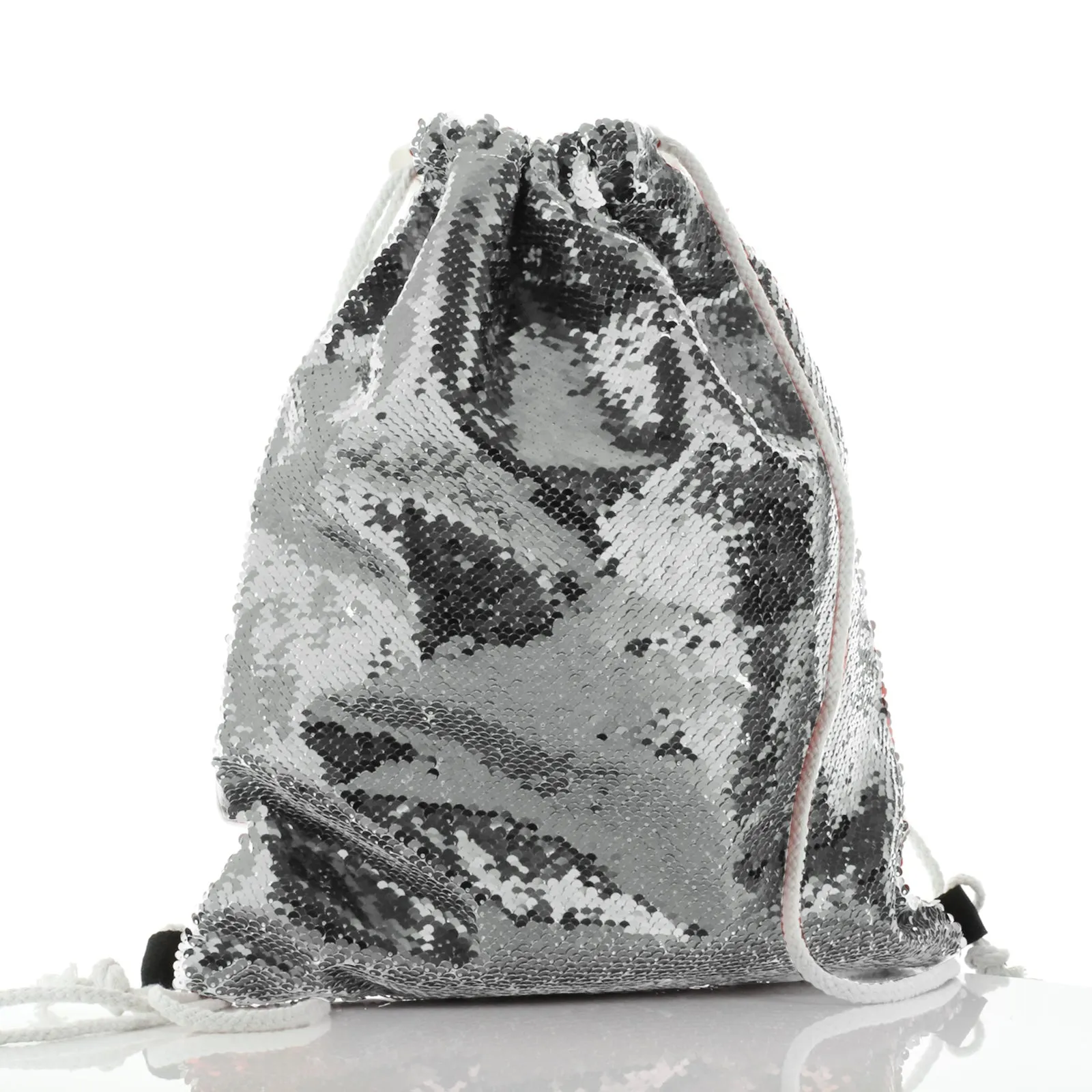 Personalised Sequin Drawstring Backpack with Zebra Blue Butterfly and Cute Text