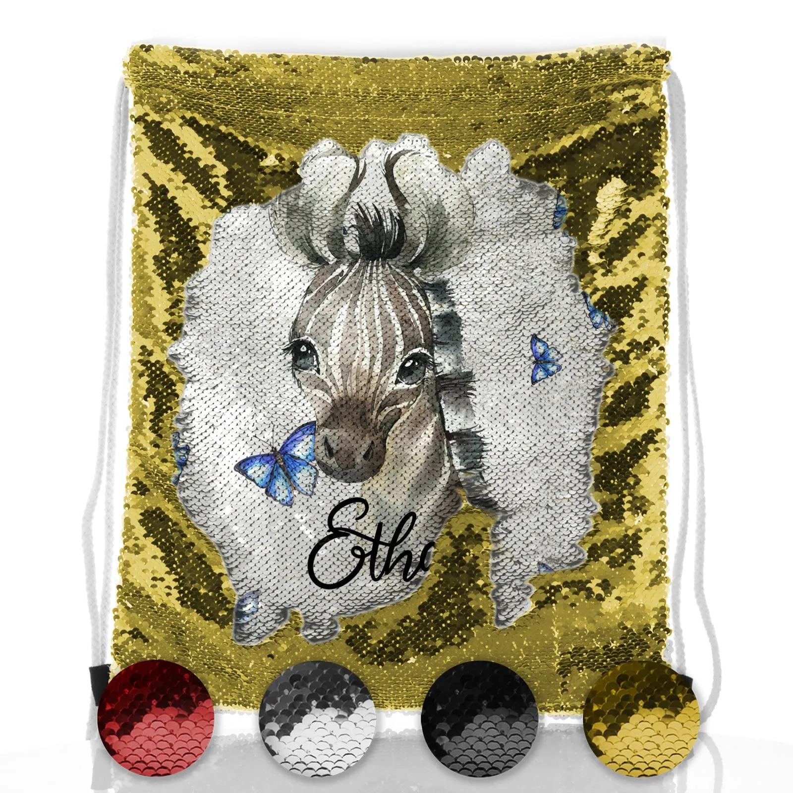 Personalised Sequin Drawstring Backpack with Zebra Blue Butterfly and Cute Text