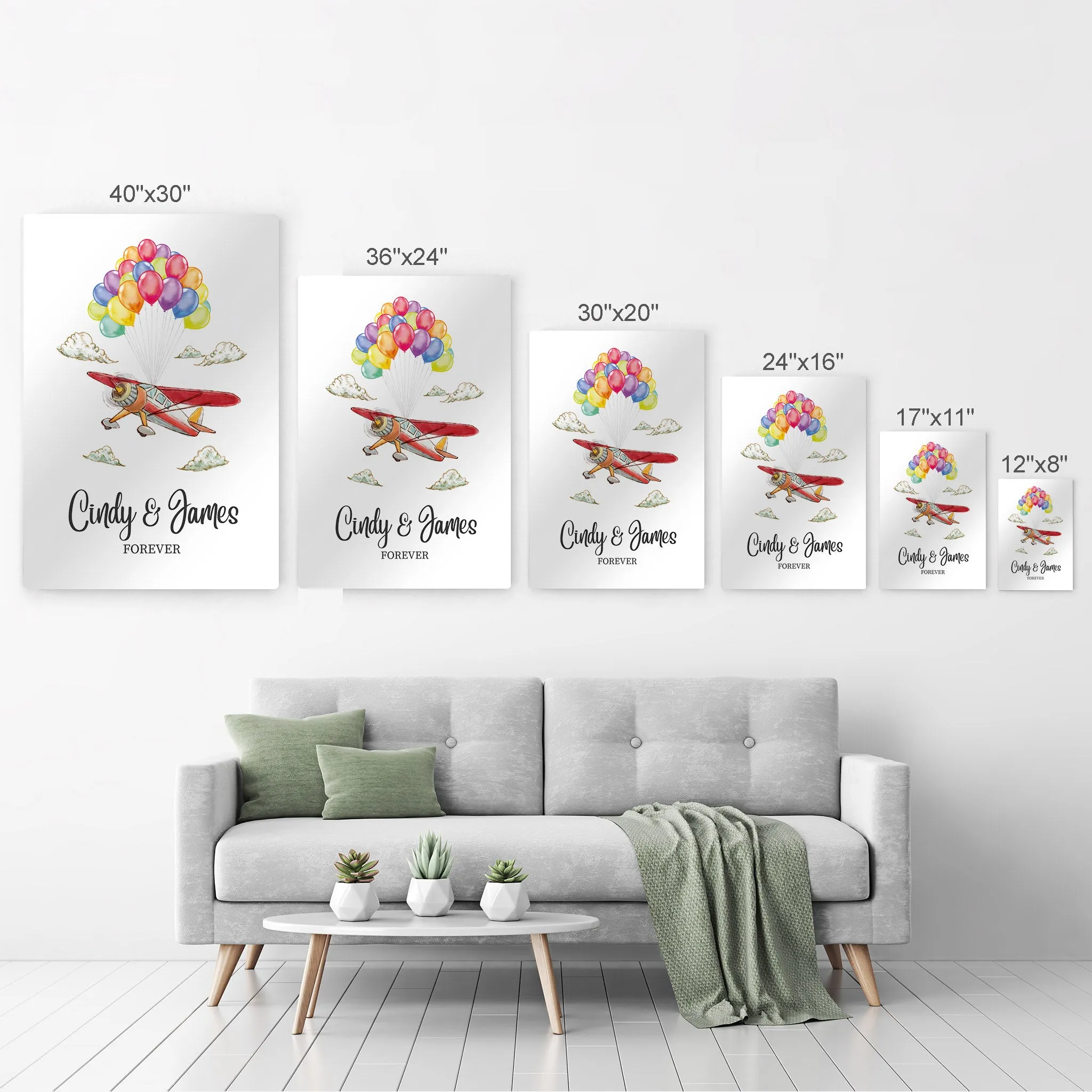 Personalized Gift Wall Art with Couple Names Glider and Baloons Forever Design