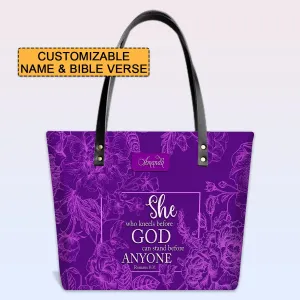 Personalized Leather Tote Bag with Bible Verses – She Who Kneels Before God Can Stand Before Anyone | CHRISTIANARTBAG Leather TOTE Bag
