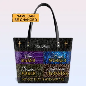 Personalized Leather Tote Bag with Bible Verses – Way Maker | Miracle Worker | Promise Keeper | Light in the Darkness | CHRISTIANARTBAG Leather TOTE Bag