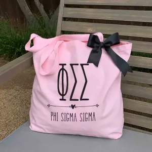 Phi Sigma Sigma Pink Canvas Tote Bag with Black Bow
