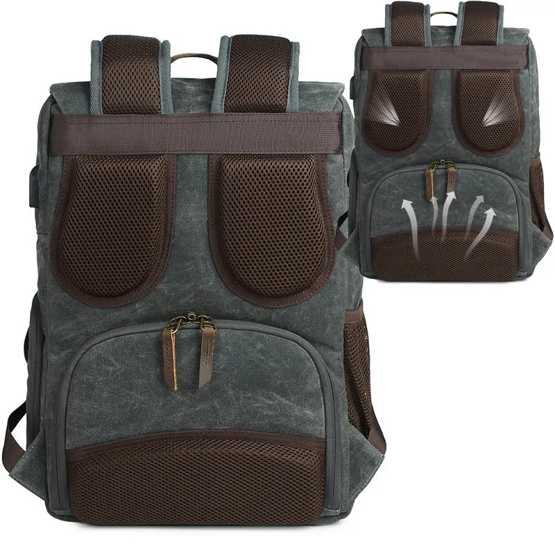 Photo Backpack Canvas Camera Bag with USB Charging