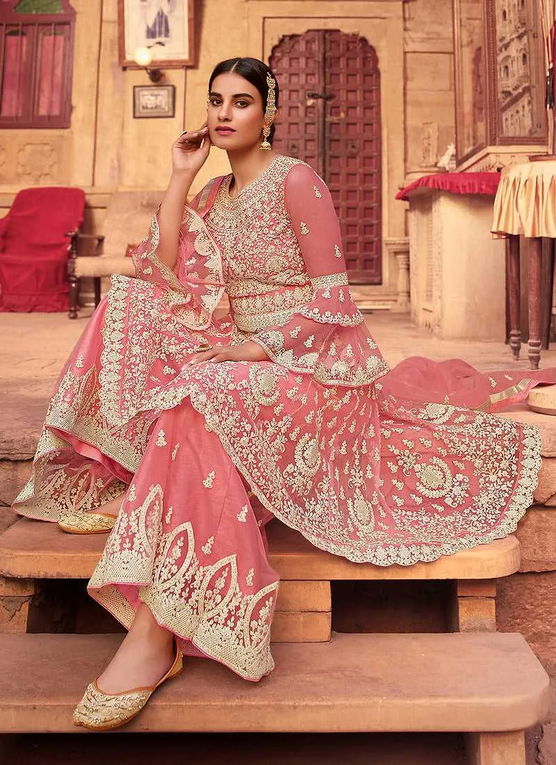 Pink Heavy Embroidered Designer Sharara Style Suit