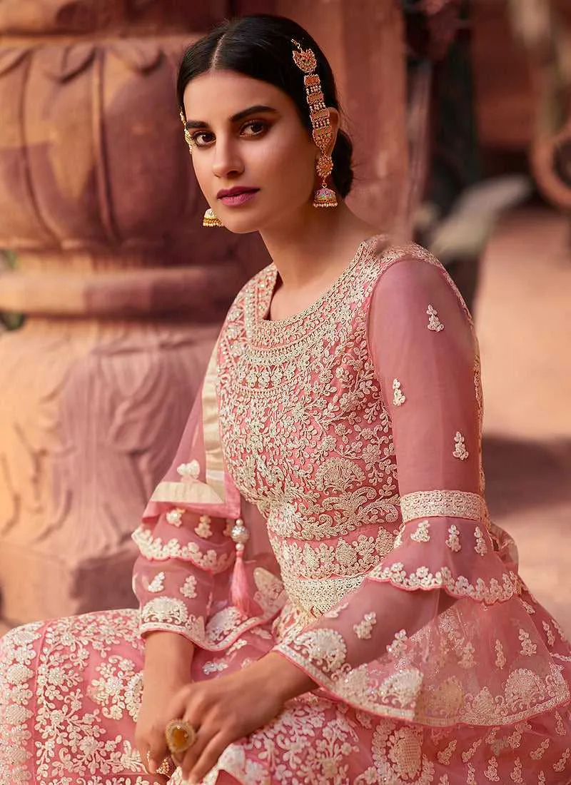 Pink Heavy Embroidered Designer Sharara Style Suit