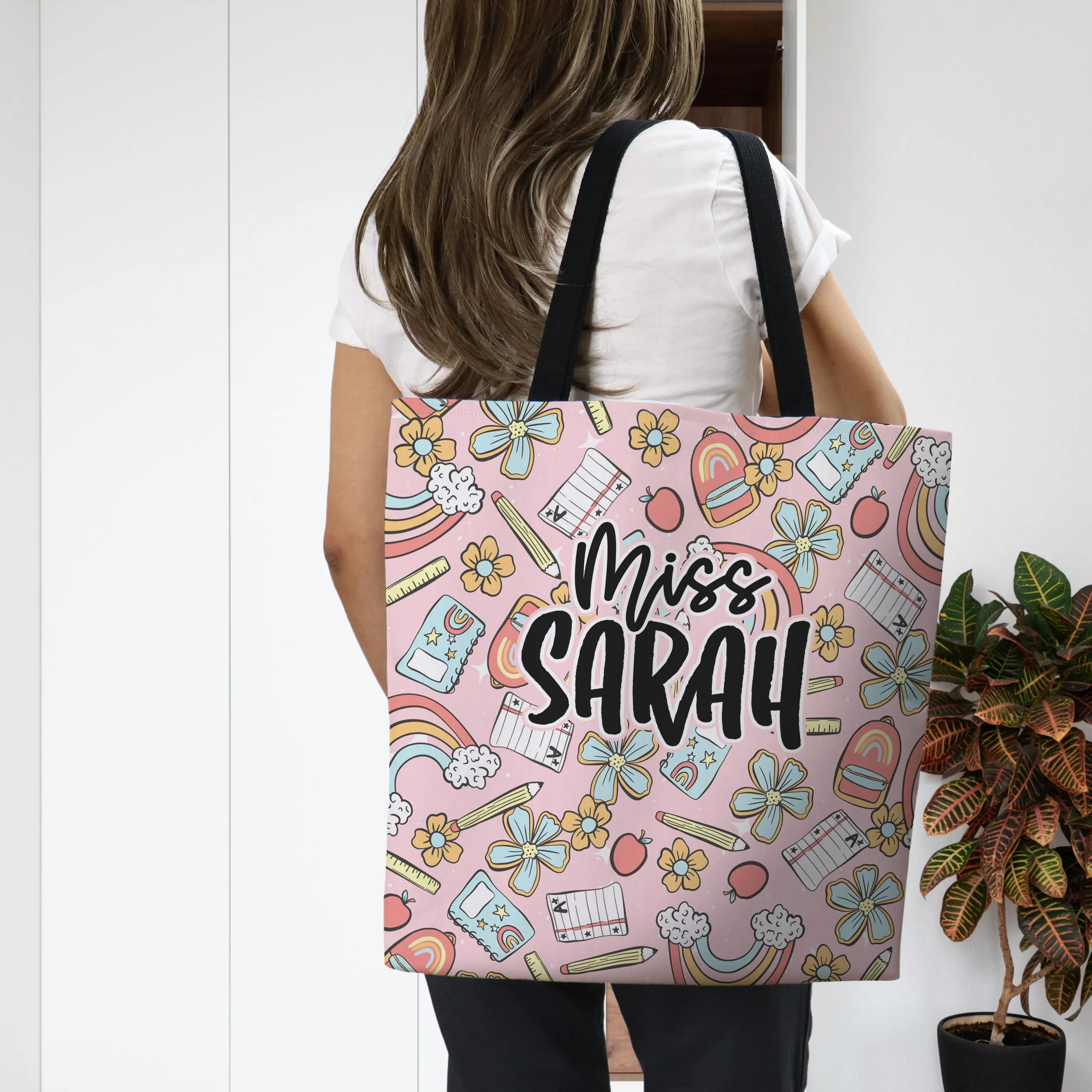 PINK RETRO SCHOOL THEME TOTE BAG