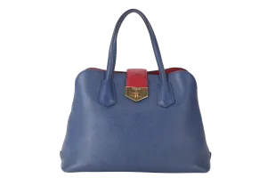 PRADA BLUE-RED SAFFIANO LEATHER DOUBLE HANDLE TOTE (BN2755) GOLD HARDWARE WITH STRAP, CARD AND DUST COVER