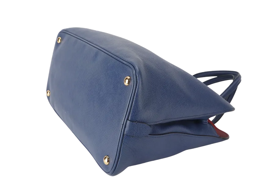 PRADA BLUE-RED SAFFIANO LEATHER DOUBLE HANDLE TOTE (BN2755) GOLD HARDWARE WITH STRAP, CARD AND DUST COVER