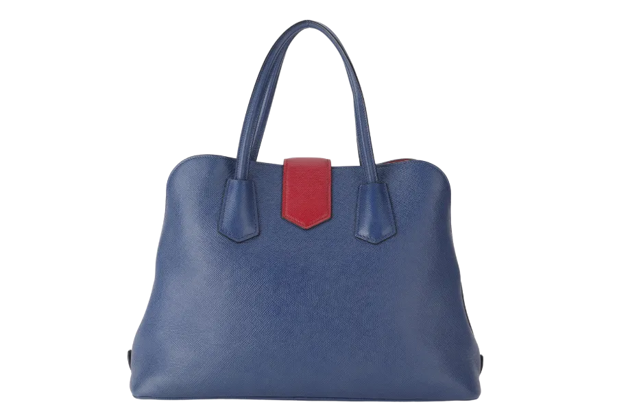PRADA BLUE-RED SAFFIANO LEATHER DOUBLE HANDLE TOTE (BN2755) GOLD HARDWARE WITH STRAP, CARD AND DUST COVER