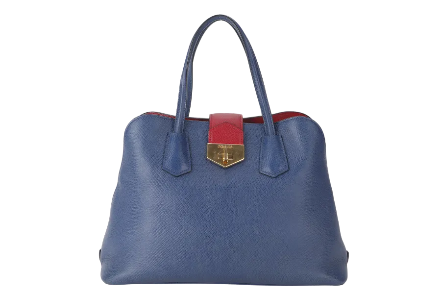 PRADA BLUE-RED SAFFIANO LEATHER DOUBLE HANDLE TOTE (BN2755) GOLD HARDWARE WITH STRAP, CARD AND DUST COVER