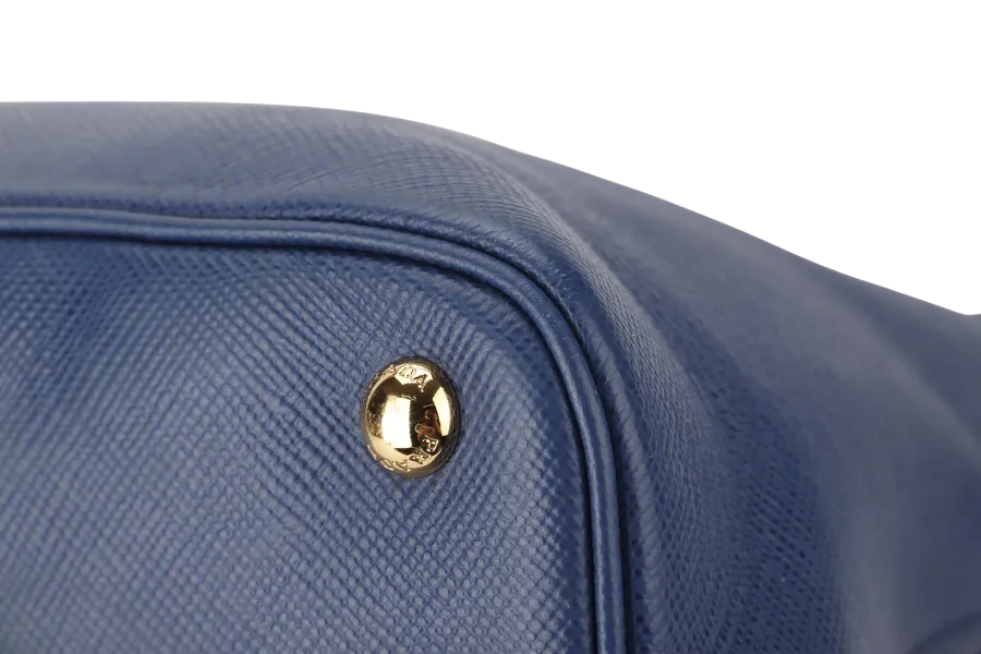 PRADA BLUE-RED SAFFIANO LEATHER DOUBLE HANDLE TOTE (BN2755) GOLD HARDWARE WITH STRAP, CARD AND DUST COVER
