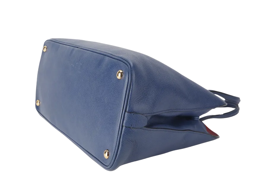 PRADA BLUE-RED SAFFIANO LEATHER DOUBLE HANDLE TOTE (BN2755) GOLD HARDWARE WITH STRAP, CARD AND DUST COVER