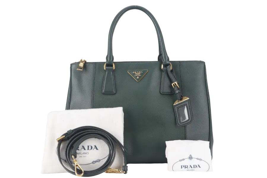 PRADA MEDIUM GALLERIA TOTE GREEN BICOLOR SAFFIANO LUX LEATHER GOLD HARDWARE WITH STRAPS AND DUST COVER