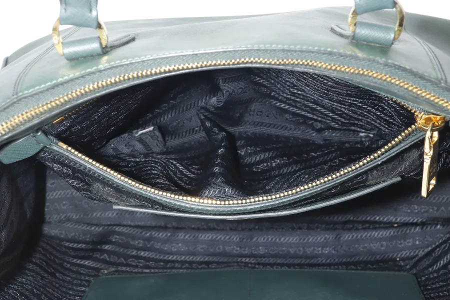 PRADA MEDIUM GALLERIA TOTE GREEN BICOLOR SAFFIANO LUX LEATHER GOLD HARDWARE WITH STRAPS AND DUST COVER