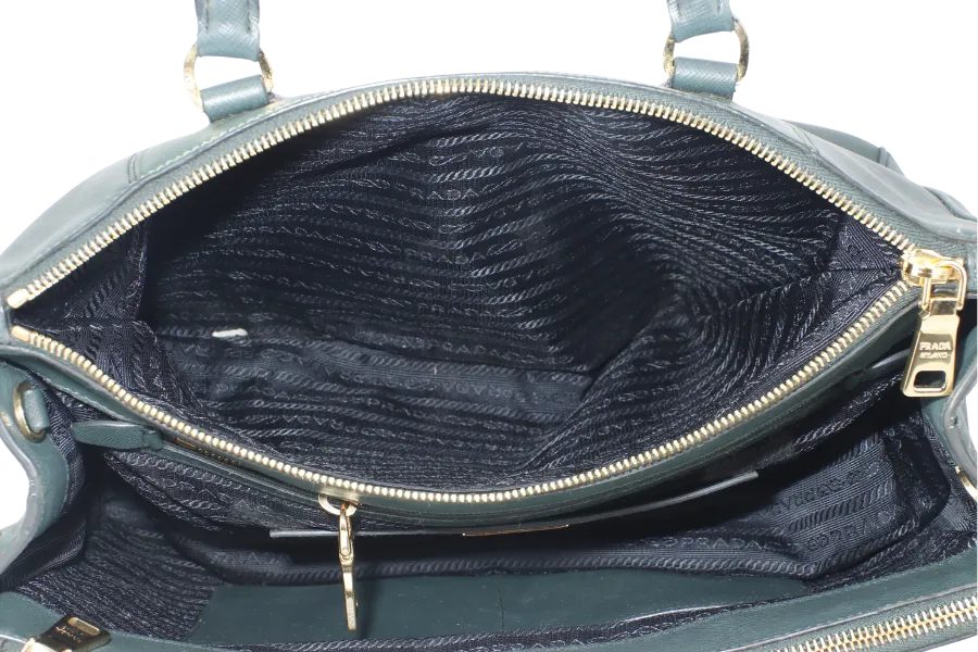 PRADA MEDIUM GALLERIA TOTE GREEN BICOLOR SAFFIANO LUX LEATHER GOLD HARDWARE WITH STRAPS AND DUST COVER