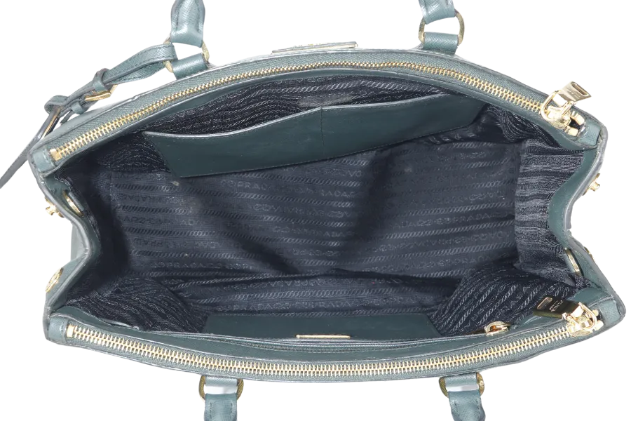 PRADA MEDIUM GALLERIA TOTE GREEN BICOLOR SAFFIANO LUX LEATHER GOLD HARDWARE WITH STRAPS AND DUST COVER