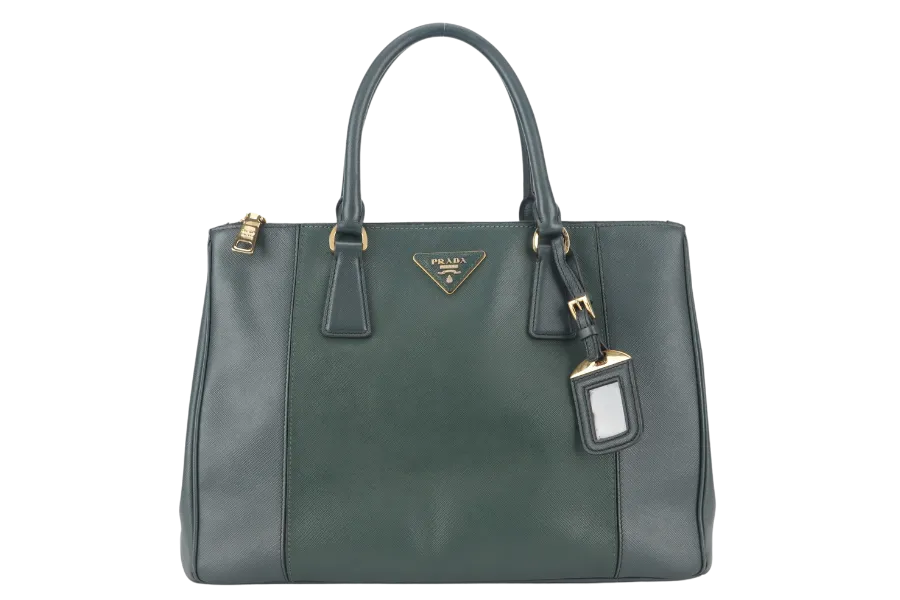 PRADA MEDIUM GALLERIA TOTE GREEN BICOLOR SAFFIANO LUX LEATHER GOLD HARDWARE WITH STRAPS AND DUST COVER