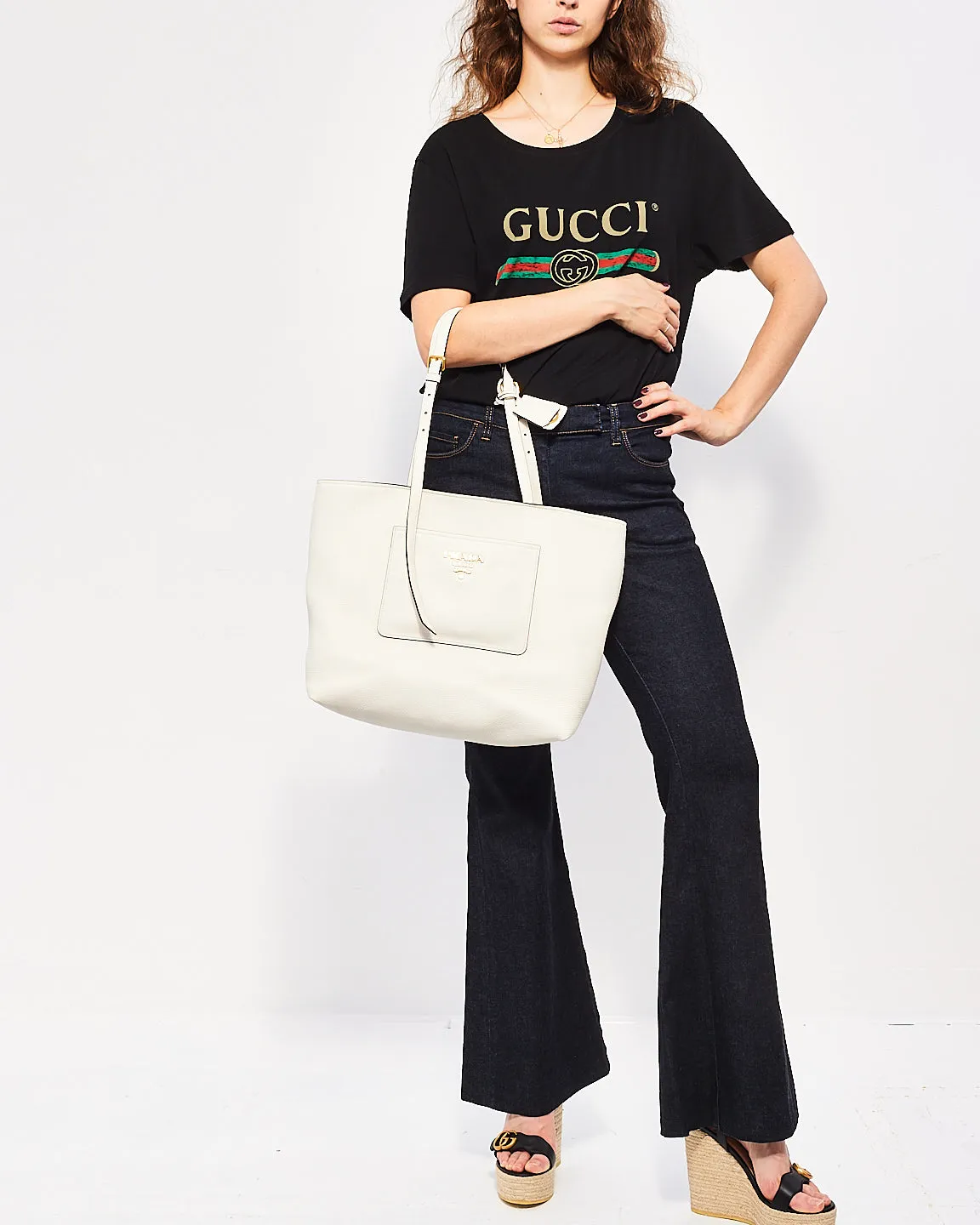 Prada White Vitello Leather Front Pocket Tote Bag