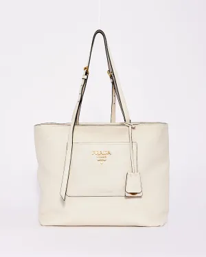 Prada White Vitello Leather Front Pocket Tote Bag