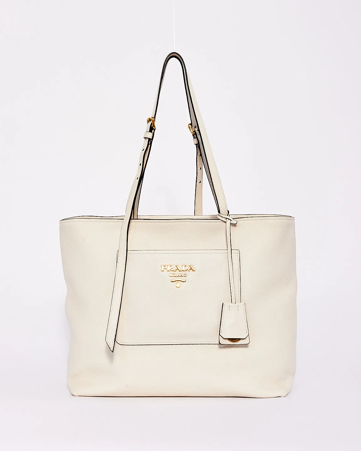 Prada White Vitello Leather Front Pocket Tote Bag