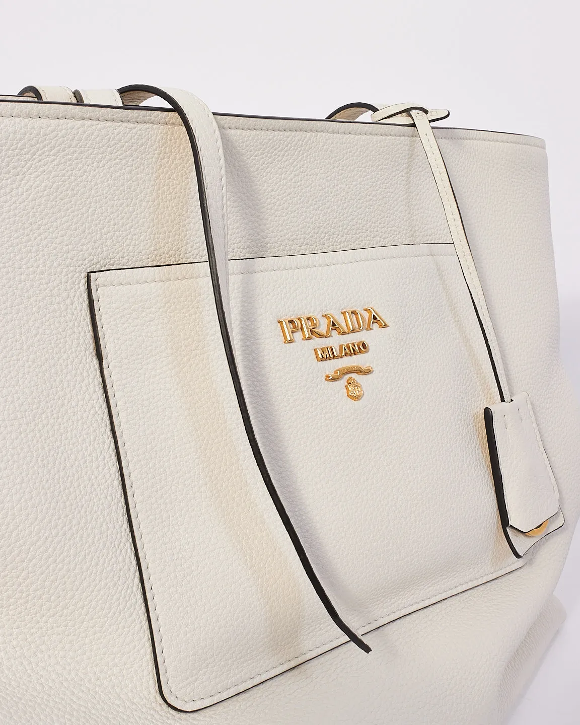 Prada White Vitello Leather Front Pocket Tote Bag