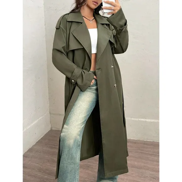 preppy olive green Lapel collar Double Breasted Belted Trench Coat