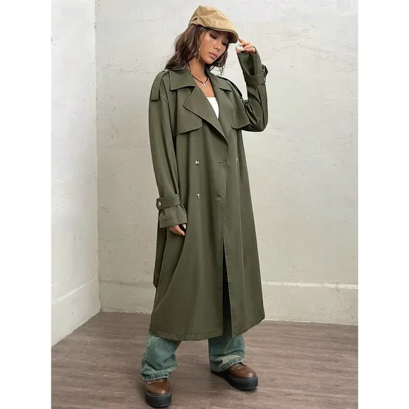 preppy olive green Lapel collar Double Breasted Belted Trench Coat