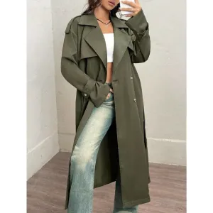 preppy olive green Lapel collar Double Breasted Belted Trench Coat