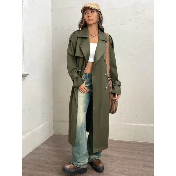 preppy olive green Lapel collar Double Breasted Belted Trench Coat