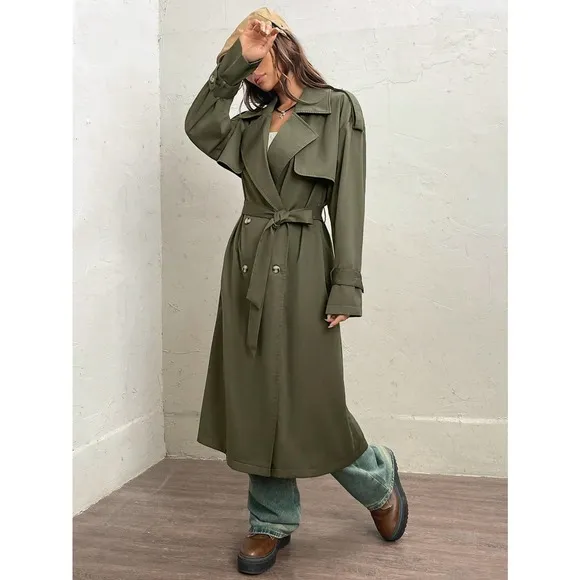 preppy olive green Lapel collar Double Breasted Belted Trench Coat