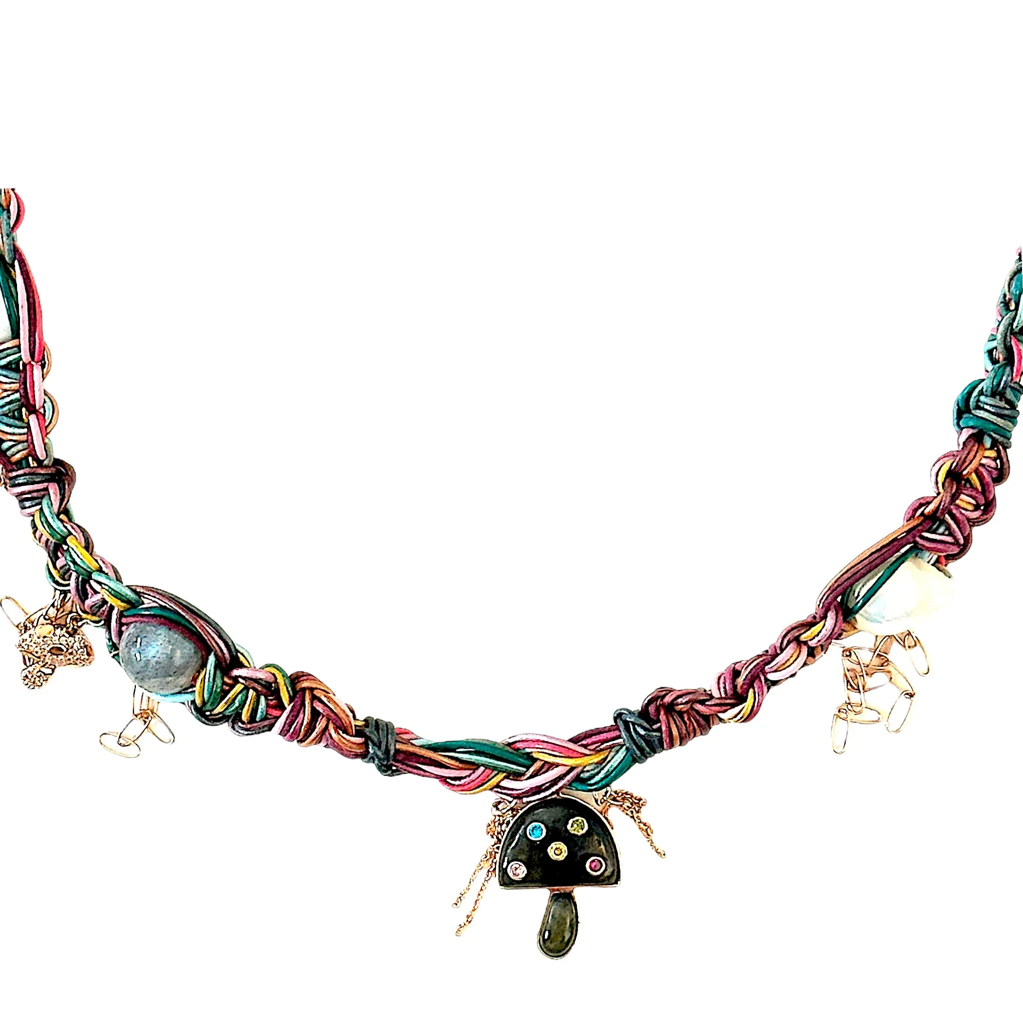 Psychedelic Rainbow Rose Gold Mushroom Leather Rockstar Necklace