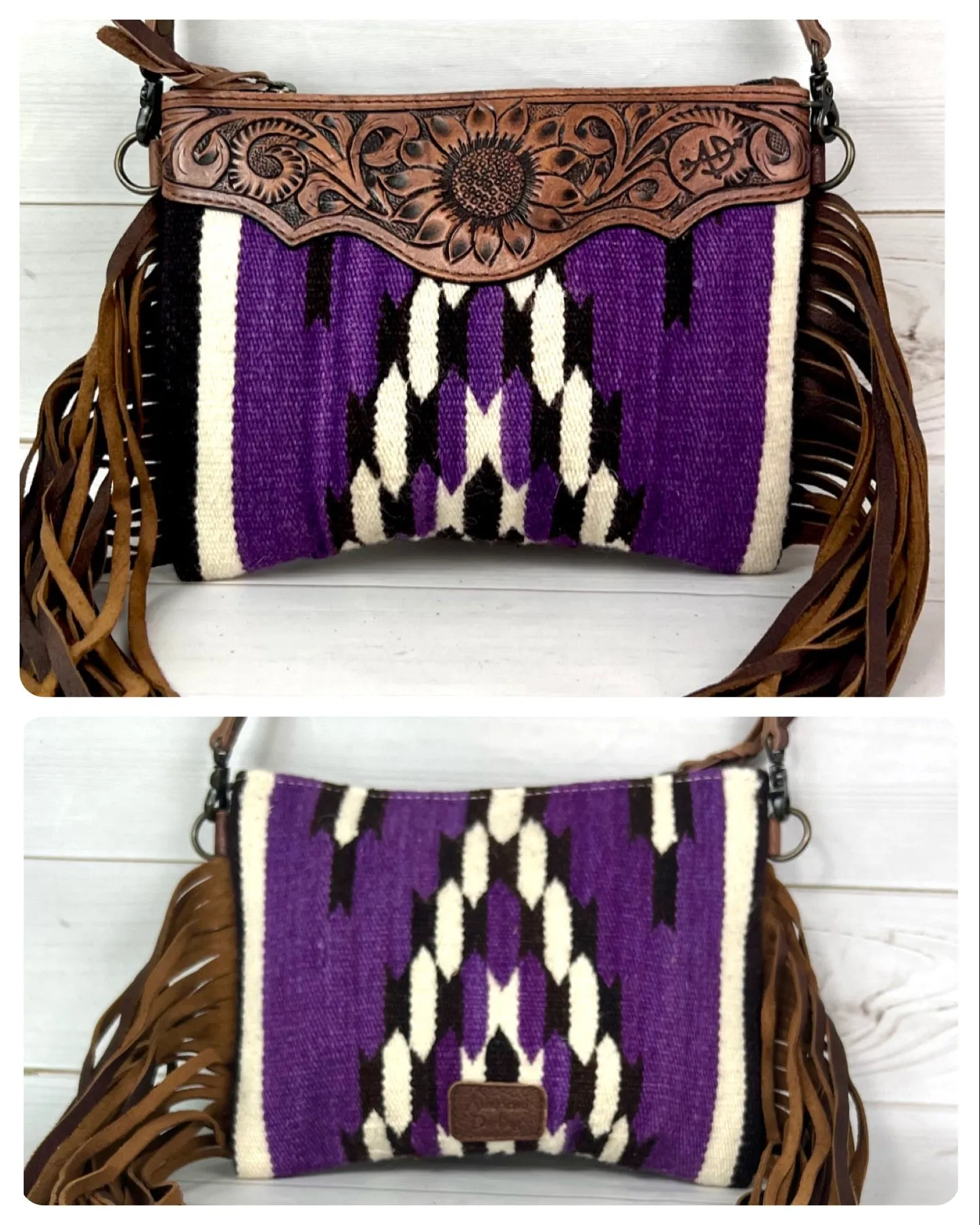 Purple Wool & Leather Tooled Fringe Medium Bag