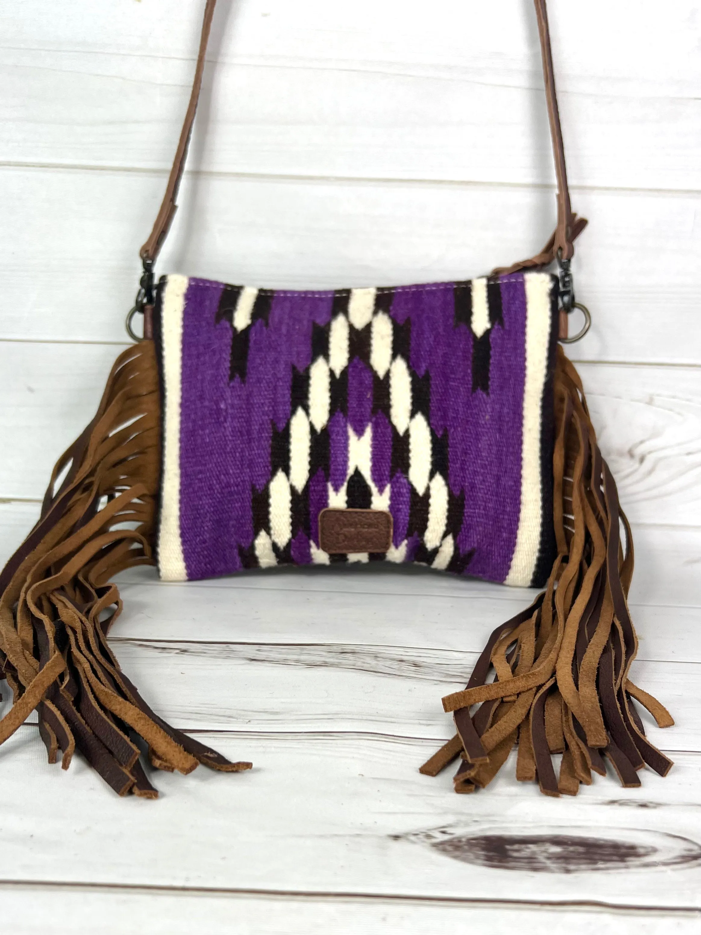 Purple Wool & Leather Tooled Fringe Medium Bag