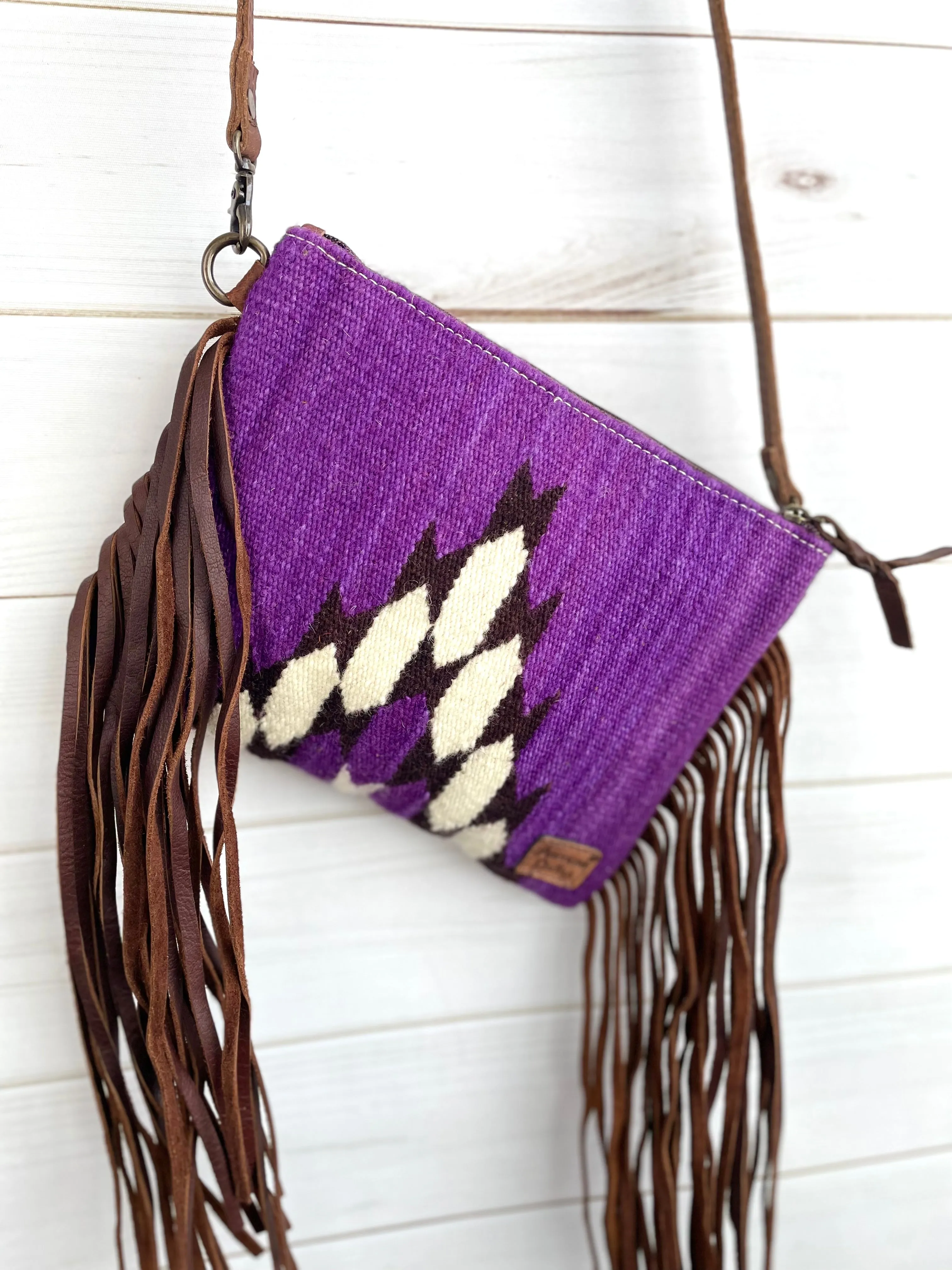 Purple Wool & Leather Tooled Fringe Medium Bag