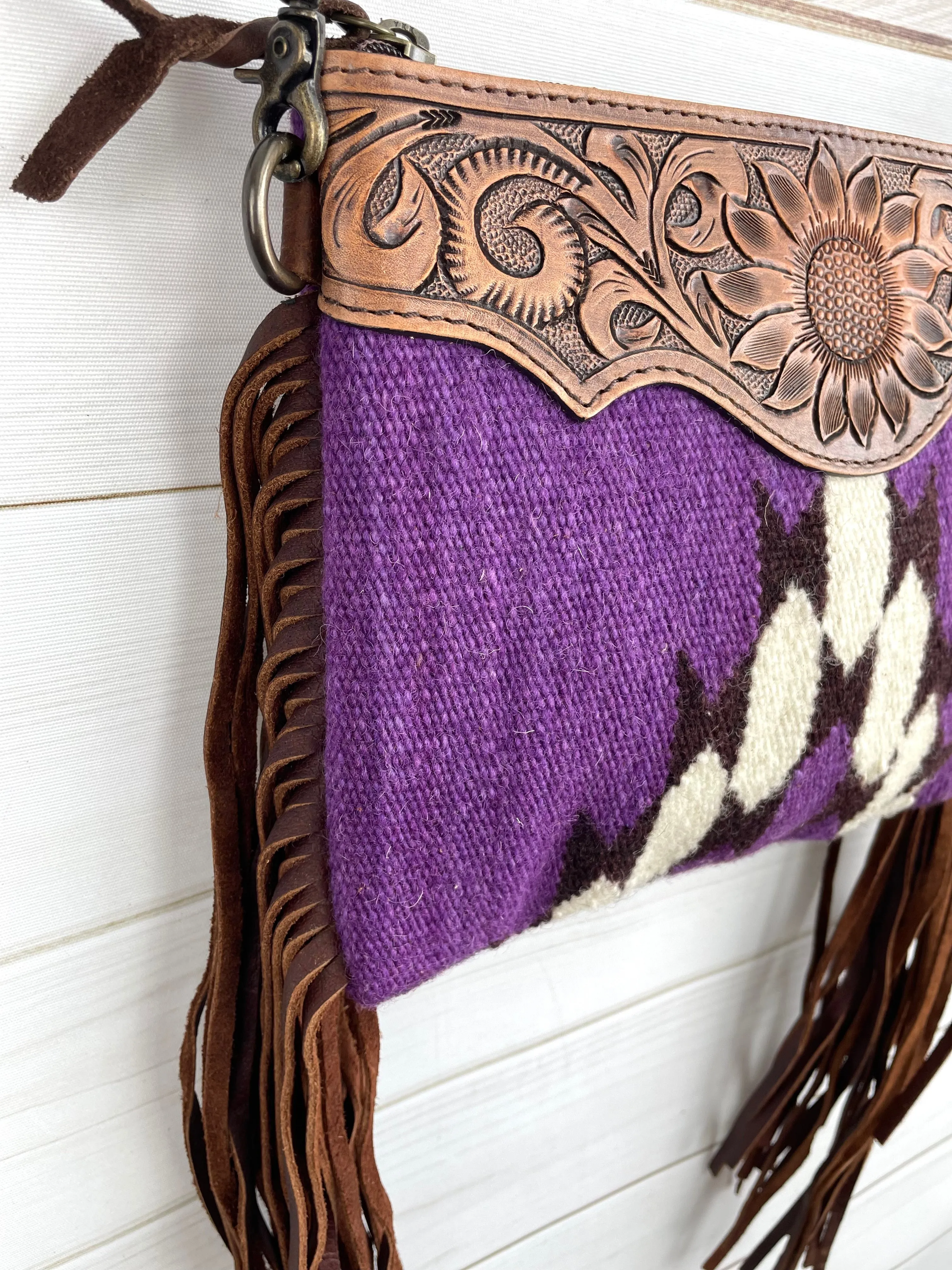 Purple Wool & Leather Tooled Fringe Medium Bag