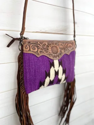 Purple Wool & Leather Tooled Fringe Medium Bag