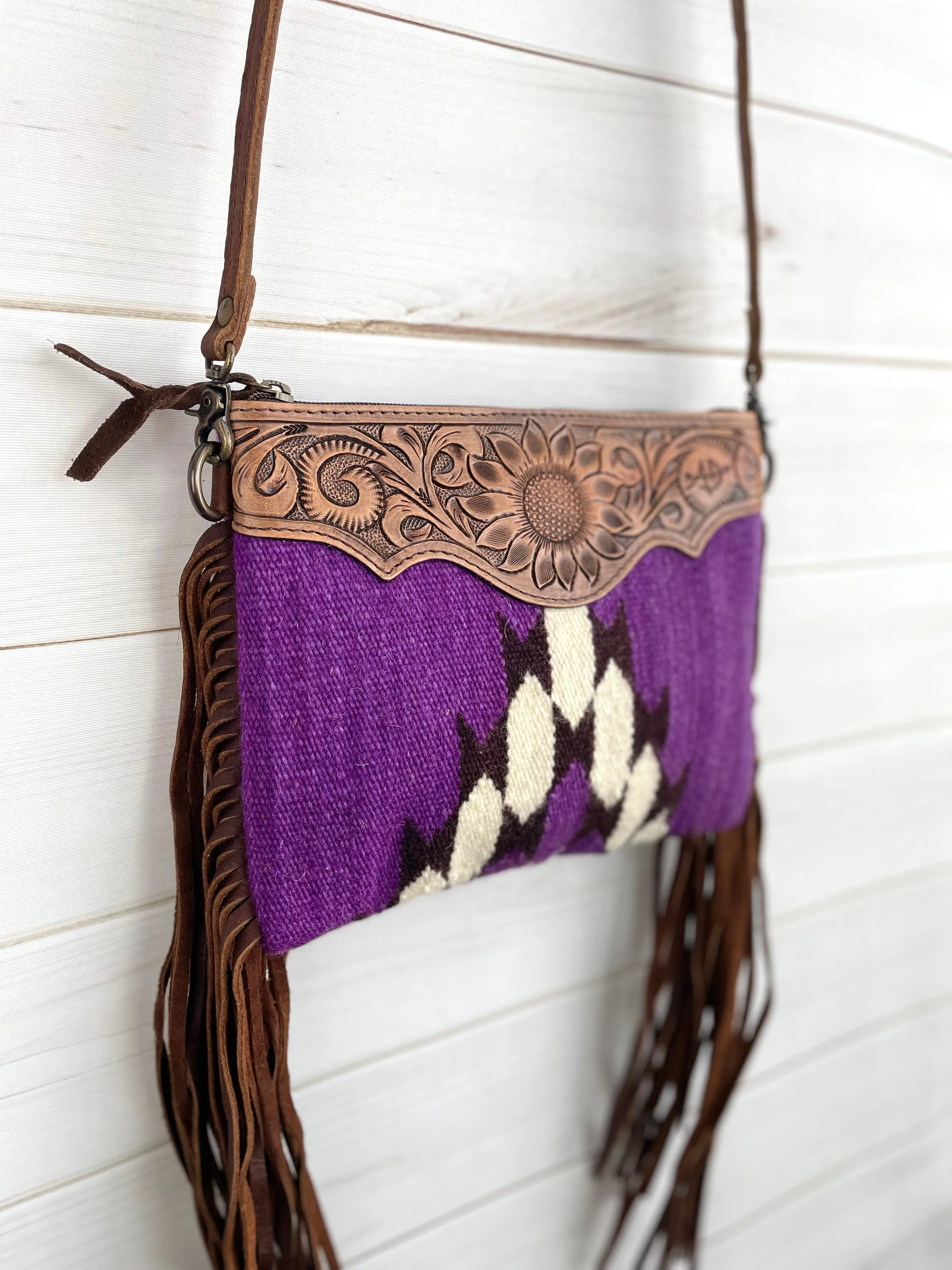 Purple Wool & Leather Tooled Fringe Medium Bag