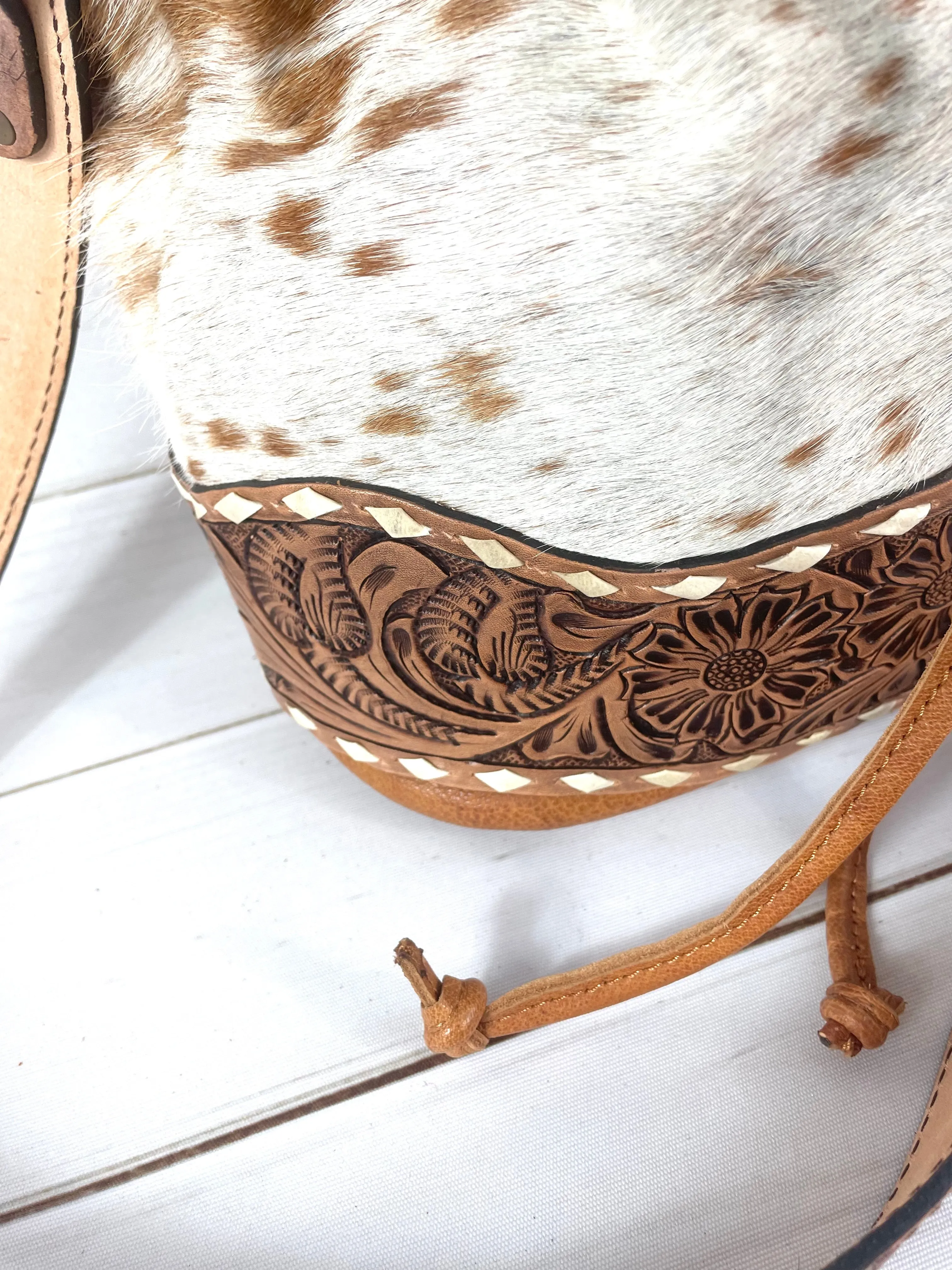 Ranchers Hide & Leather Tooled Band Bucket Handbag