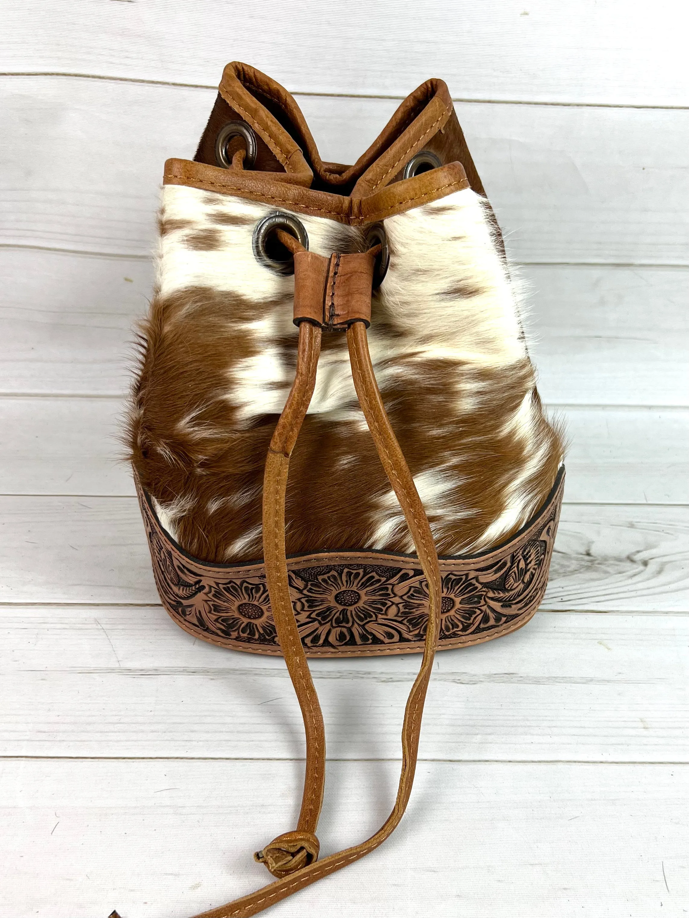 Ranchers Hide & Leather Tooled Band Bucket Handbag