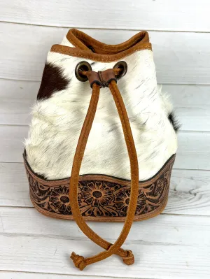 Ranchers Hide & Leather Tooled Band Bucket Handbag