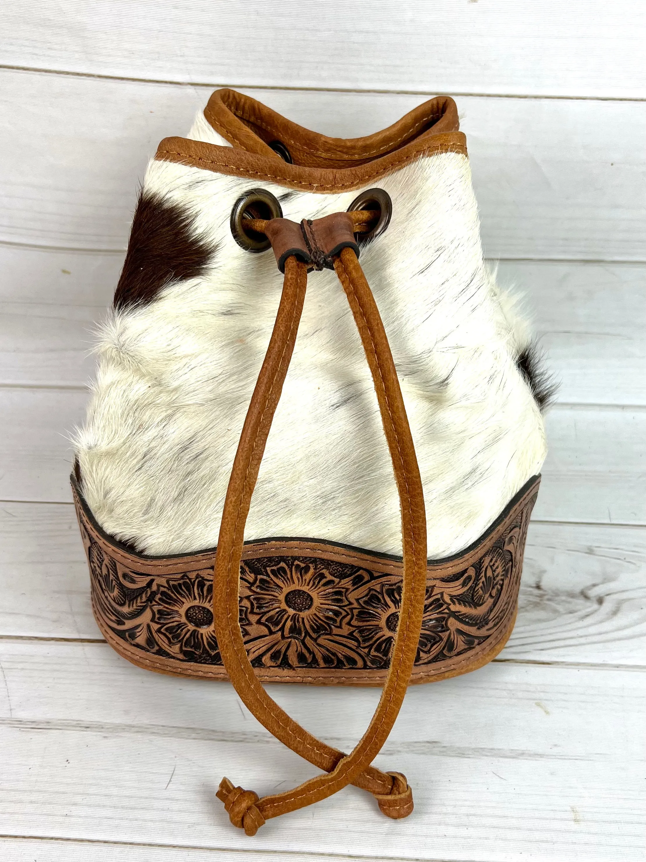 Ranchers Hide & Leather Tooled Band Bucket Handbag