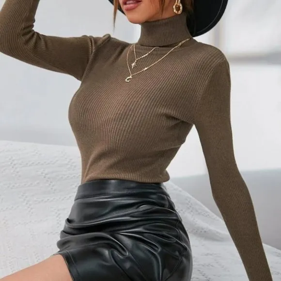 rib knit turtleneck sweater casual brown