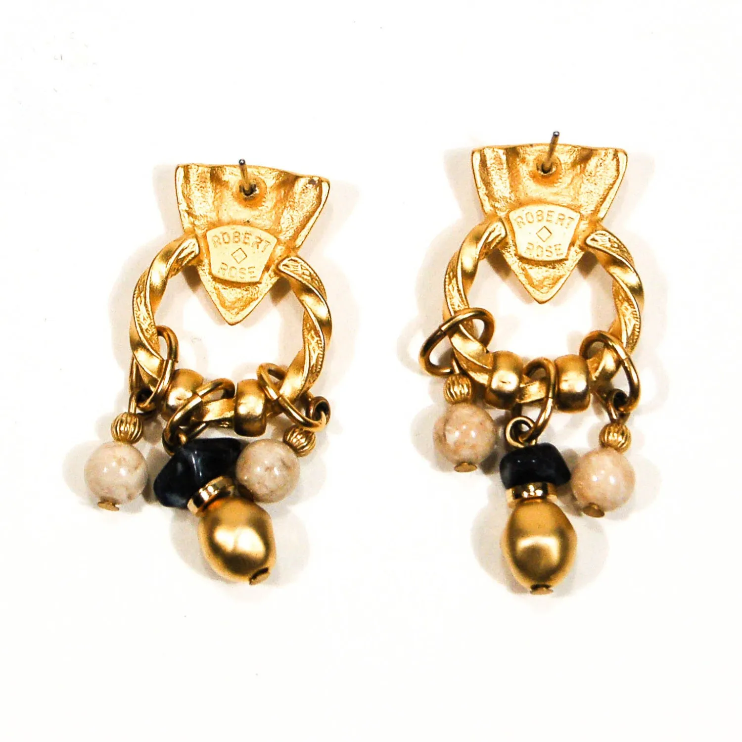 Robert Rose, Etruscan Earrings, Pierced, Dangling, Door Knocker, Marble, Blue Sapphire, Designer Jewelry