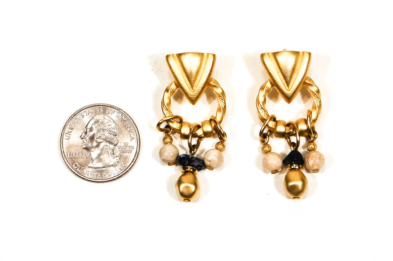 Robert Rose, Etruscan Earrings, Pierced, Dangling, Door Knocker, Marble, Blue Sapphire, Designer Jewelry