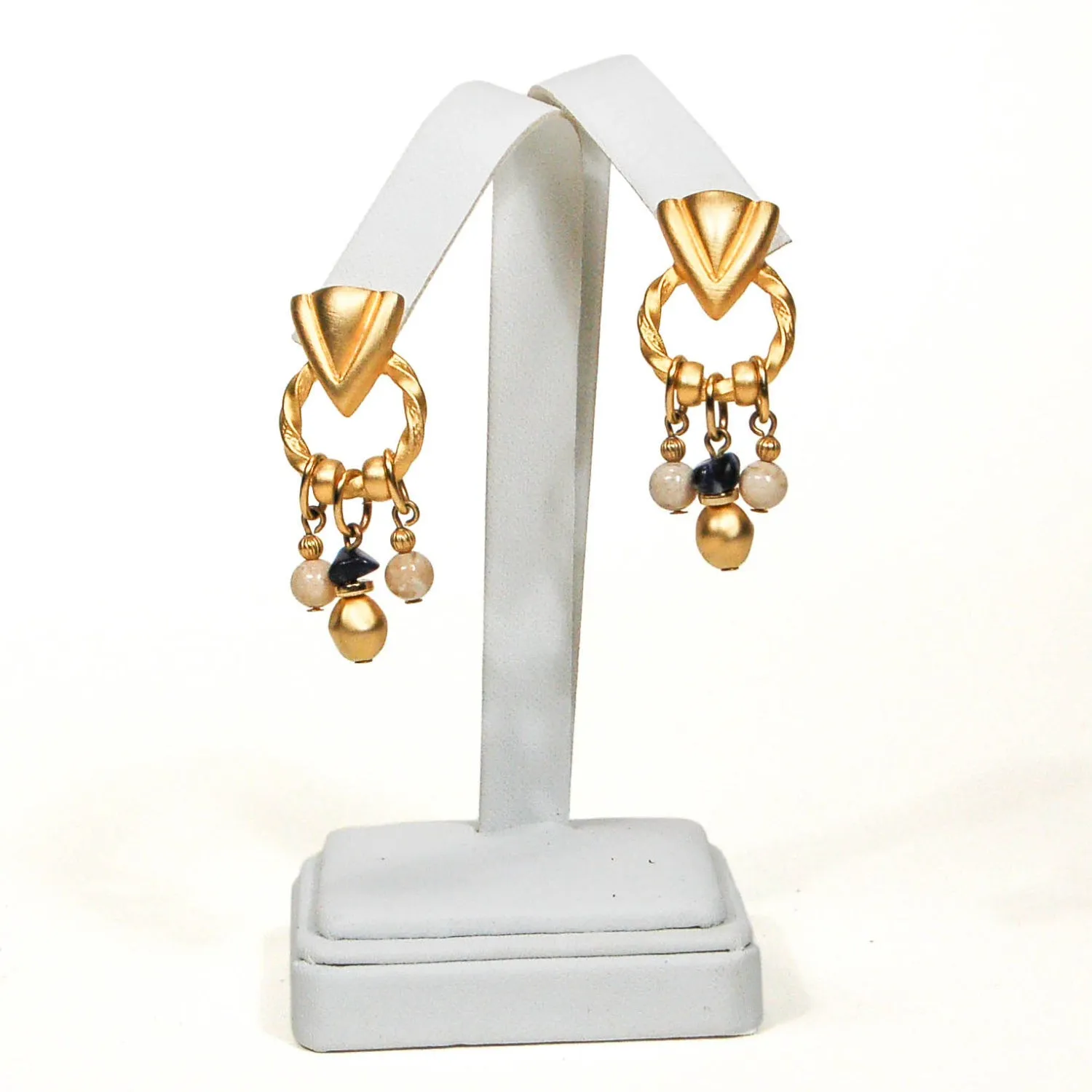 Robert Rose, Etruscan Earrings, Pierced, Dangling, Door Knocker, Marble, Blue Sapphire, Designer Jewelry