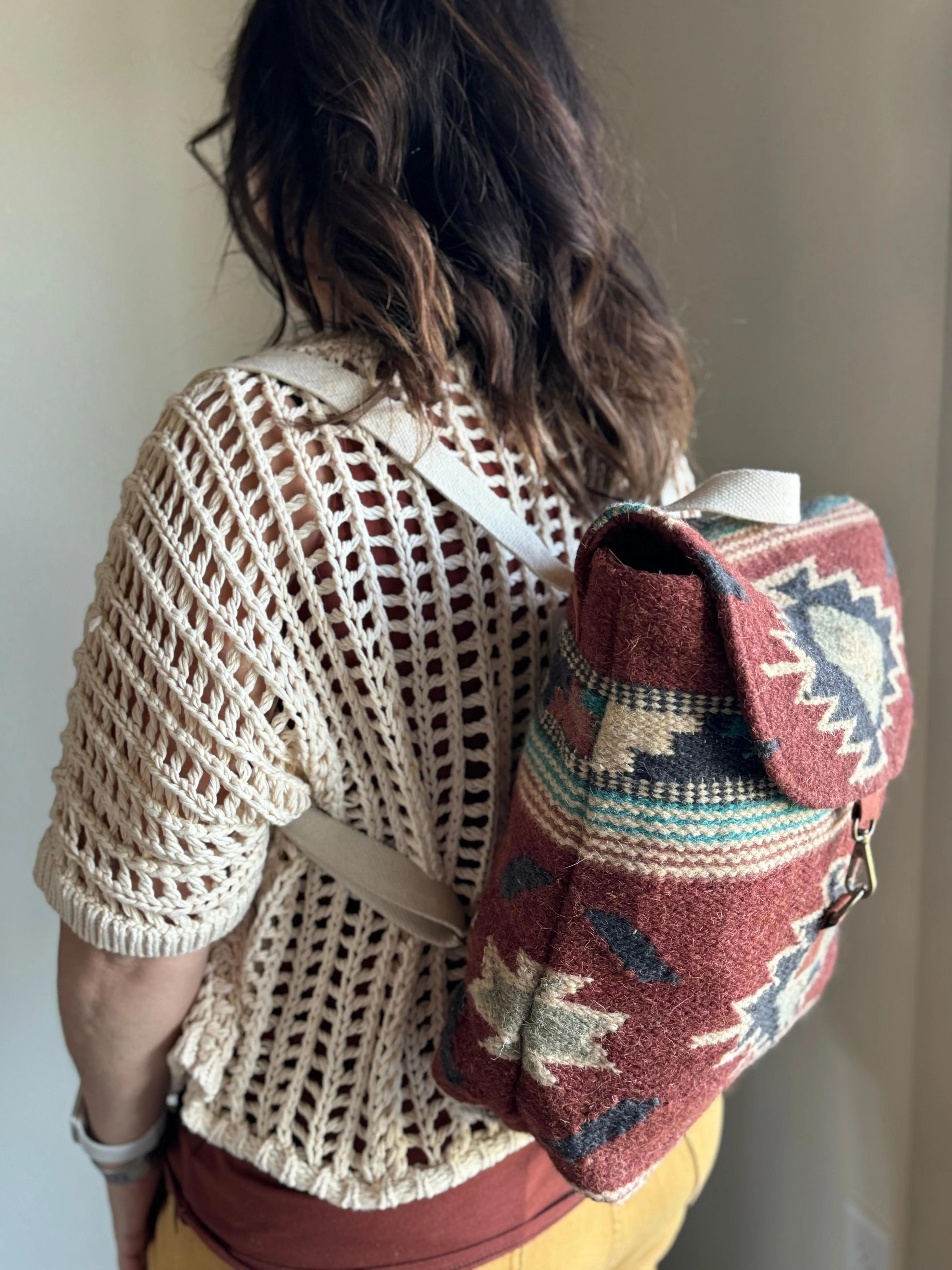rust, brown, turquoise   tan aztec woven backpack